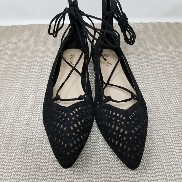 Qupid Black Suede Lace-Up the Ankle Flats - Picture 1 of 8
